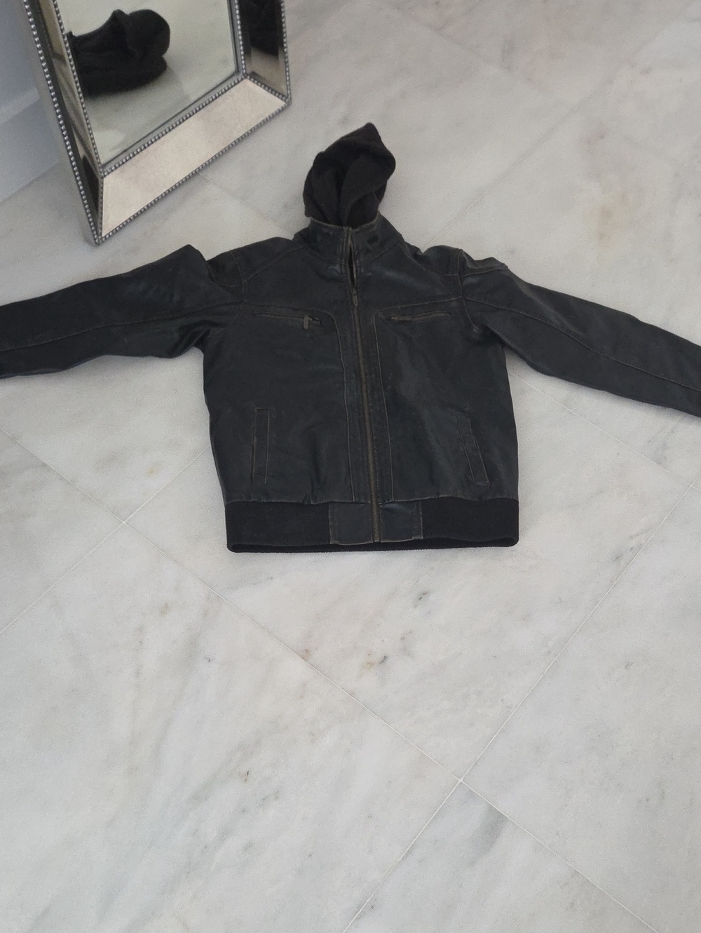 Distressed Vegan Leather Black Hooded Zip Jacket LIKE NEW!